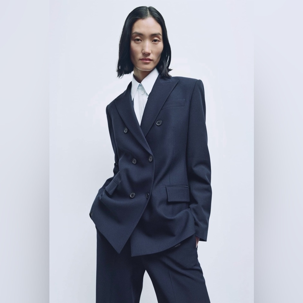 Zara Bloggers Fav Navy Blue Tailored Double Breasted Lapel Collar Blazer‎ Zs S - Picture 5 of 16
